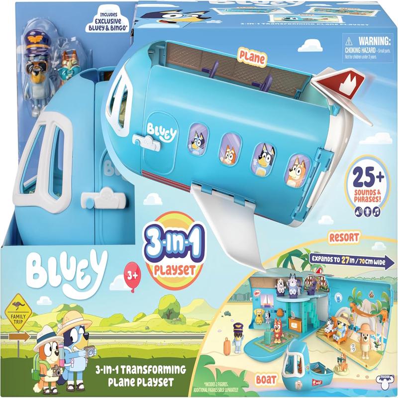 Bluey 3-in-1 Transforming Plane Playset  Plane, Resort & Boat | Lights, Sounds & Exclusive Bluey & Bingo Figures